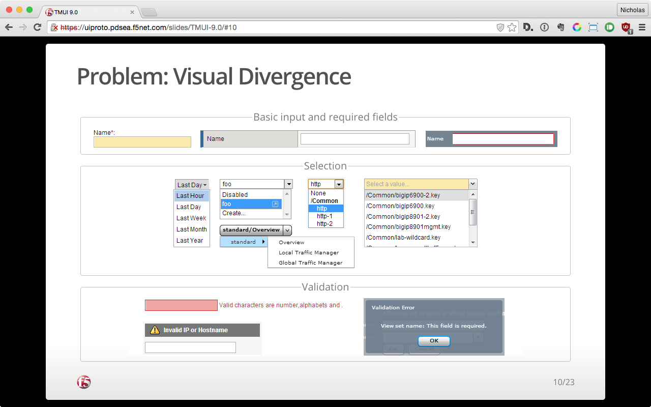 Presentation slide showing a number of visual inconsistencies across the product